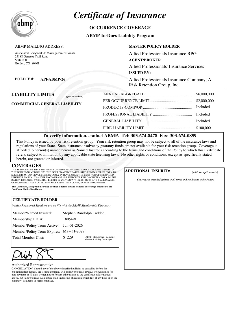 ABMP certificate of insurance for Stephen Randolph Taddeo