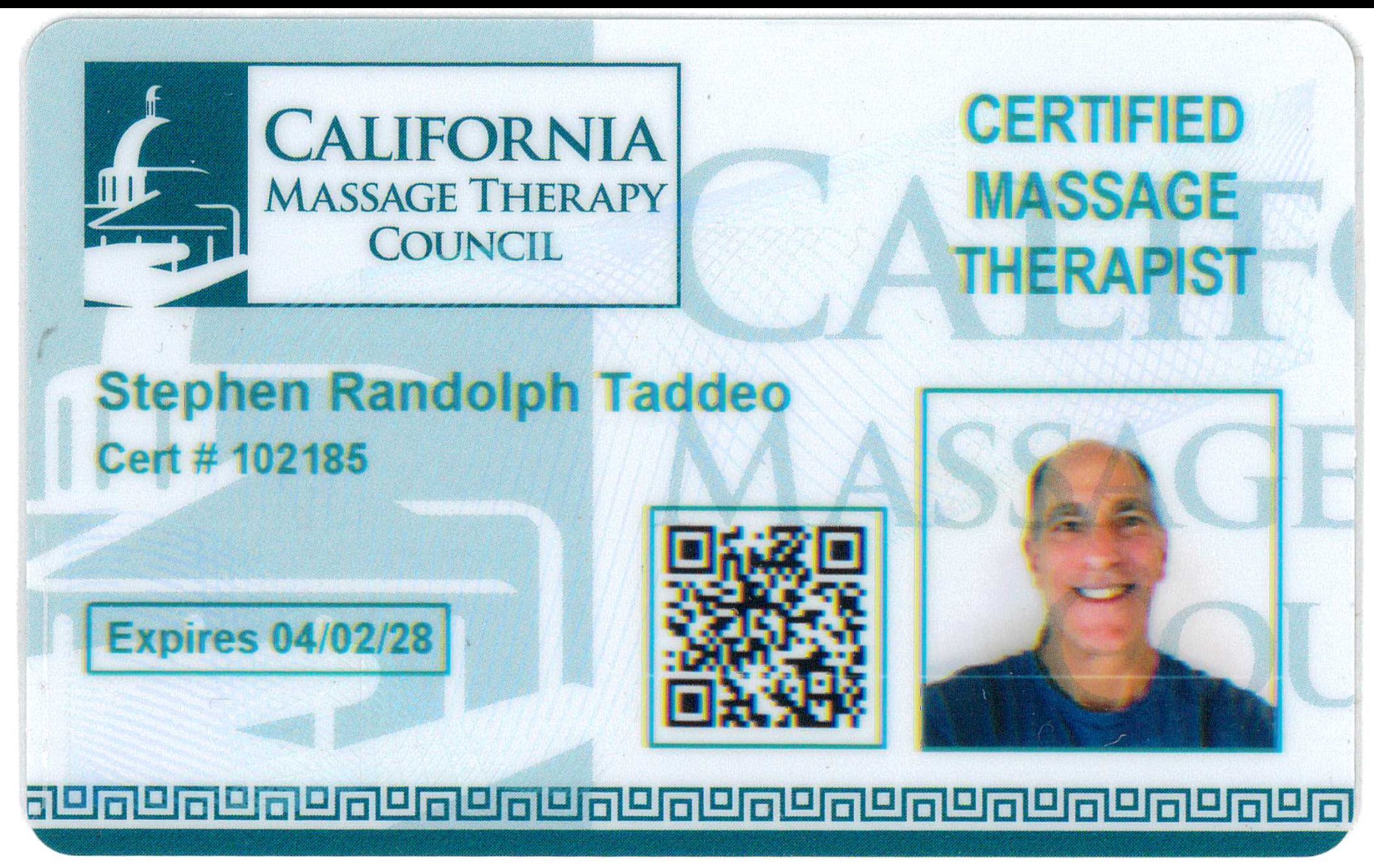 California Massage Therapy Council certification card for Stephen Randolph Taddeo